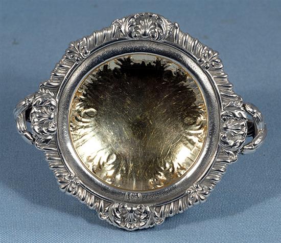 A heavy early Victorian two handled silver master table salt, by John Tapley, dia 135mm, weight 12.1oz/378grms.